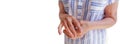 close-up, long banner of an old woman& x27;s hand with arthritis on white background Royalty Free Stock Photo