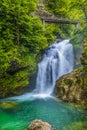 A close up, long exposure view of the falls on the Radovna River at the end of the Vintgar Gorge in Slovenia