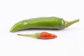 A close-up look of big one green and small one red bird-chilli on white background Royalty Free Stock Photo