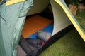 Close up look into a camping tent with sleeping bags