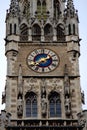 Close-up look of rathaus tower clock in Munich, Germany Royalty Free Stock Photo