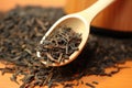 close-up of loose leaf oolong tea with a bamboo scoop Royalty Free Stock Photo