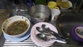 Close up a lot of dirty kitchenware and have food waste Royalty Free Stock Photo