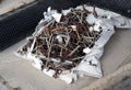 Close up of a lot of old pile of rusty nails in a construction site