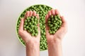 Close-up of a lot of ripe peas in hands. Green pea in a green bowl. Tasty and healthy food. Vegetables