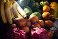 Close up of lots of exotic fresh ripe juicy fruits on wooden brown table background Royalty Free Stock Photo