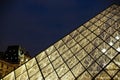 Close up Louvre amazing glass pyramid in night Paris, France. Royalty Free Stock Photo