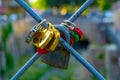 Close up Love padlocks on metal wire Royalty Free Stock Photo