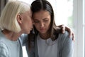 Close up of loving senior mom comfort sad adult daughter Royalty Free Stock Photo