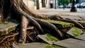 Nature\'s Strength: Tree Roots Cracking Urban Pavement Royalty Free Stock Photo