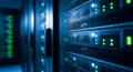 Modern server racks blazing with vibrant indicator lights in a sophisticated data center environment. Royalty Free Stock Photo