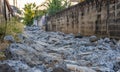 Close-up low-angle view of rubble heaps of broken concrete roads