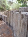 A low fence made of wooden trunks in the park