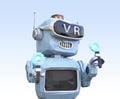 Close up of low poly retro robot wearing VR headset on light blue background