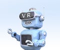 Close up of low poly retro robot wearing VR headset on light blue background