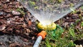 A close-up on a lown spot sprinkler that is watering dry problem spots in the garden