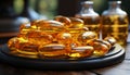 Close-up of luminous Omega-3 fish oil capsules on a sleek tray, with golden oil bottles subtly in the backdrop, bathed in natural