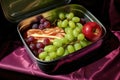 close-up of a lunchbox with apple slices and grapes