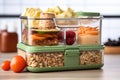 close-up of a lunchbox with diverse healthy snacks on a students desk