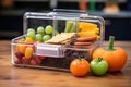 close-up of a lunchbox with diverse healthy snacks on a students desk