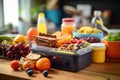 close-up of a lunchbox with diverse healthy snacks on a students desk