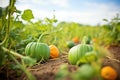 close-up of a lush pumpkin field with orange and green pumpkins Royalty Free Stock Photo