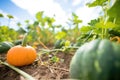 close-up of a lush pumpkin field with orange and green pumpkins Royalty Free Stock Photo