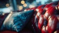 Close-up of a luxurious red leather sofa with a decorative blue cushion in soft ambient light Royalty Free Stock Photo