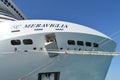 Close-up of luxury cruise liner MSC Meraviglia, the name of the ship is written on the starboard side, October 7, 2018 Royalty Free Stock Photo