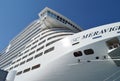 Close-up of luxury cruise liner MSC Meraviglia, the name of the ship is written on the starboard side, October 7, 2018 Royalty Free Stock Photo