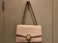 luxury fashionable beige leather woman handbag hang at the door