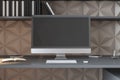 Close up of luxury home office interior with workplace, decorative designer wall, mock up computer monitor and furniture. 3D Royalty Free Stock Photo