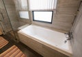 Close up on the luxury white bathtub in the bathroom.