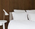 Close up of luxury white linen with walnut lining boards on the Royalty Free Stock Photo