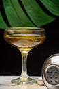 Close-up of lying shaker, glass of whiskey sour, on white marble table, selective focus, black background with green leaf, Royalty Free Stock Photo