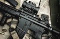 Close-up of a M4A1 weapons and military equipment for army, Assault rifle gun and pistol