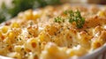 Close-up of Mac'n'Cheese in a ceramic baking dish on wooden kitchen table. Macaroni and cheese, American style Royalty Free Stock Photo