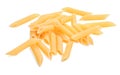 A close-up of macaroni isolated on a white background. Yellow penne rigate. Italian ingredients. Organic and flour rigate pasta.