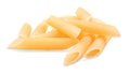 A close-up of macaroni on a white background. Yellow penne rigate. Italian ingredients. Organic and flour rigate pasta.