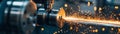 Close-up of a machine tool producing sparks during metalworking in a workshop, showcasing precision and craftsmanship Royalty Free Stock Photo