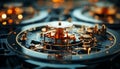 Close up of machinery, steel wheel turning inside antique clockworks generated by AI