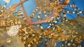 Close up macro, alive raw lobsters in shop. Blue basin with ice water, delicatessen fresh uncooked mediterranean lobsters placed Royalty Free Stock Photo