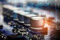 Close up macro of aluminum electrolytic capacitors installed on Royalty Free Stock Photo