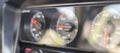 the close up macro analog sensors pf temperature and pressure scale inside the car Royalty Free Stock Photo