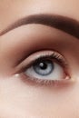 Close-up macro of beautiful female eye. Clean skin, fashion naturel make-up Royalty Free Stock Photo