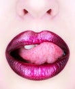 Close up, macro with beautiful mouth. Tongue and sexy mouth. Beautiful lip, lipstick and lipgloss, passionate. Sexy lips