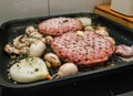 Close-up macro detail of delicious grill frying pan burger Royalty Free Stock Photo