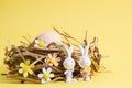 Close up. Easter card. Brown eggs in a nest of straw. Two bunnies in the foreground. The decor of the felt flowers. Yellow Royalty Free Stock Photo