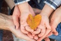 Close up, macro. A heart carved from a yellow autumn leaf lies in the hands of a child. His hands hug the palms of mom and dad Royalty Free Stock Photo
