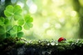 A close-up macro image of dew-covered grass and clover with a ladybug, perfect for a spring or early summer design Royalty Free Stock Photo